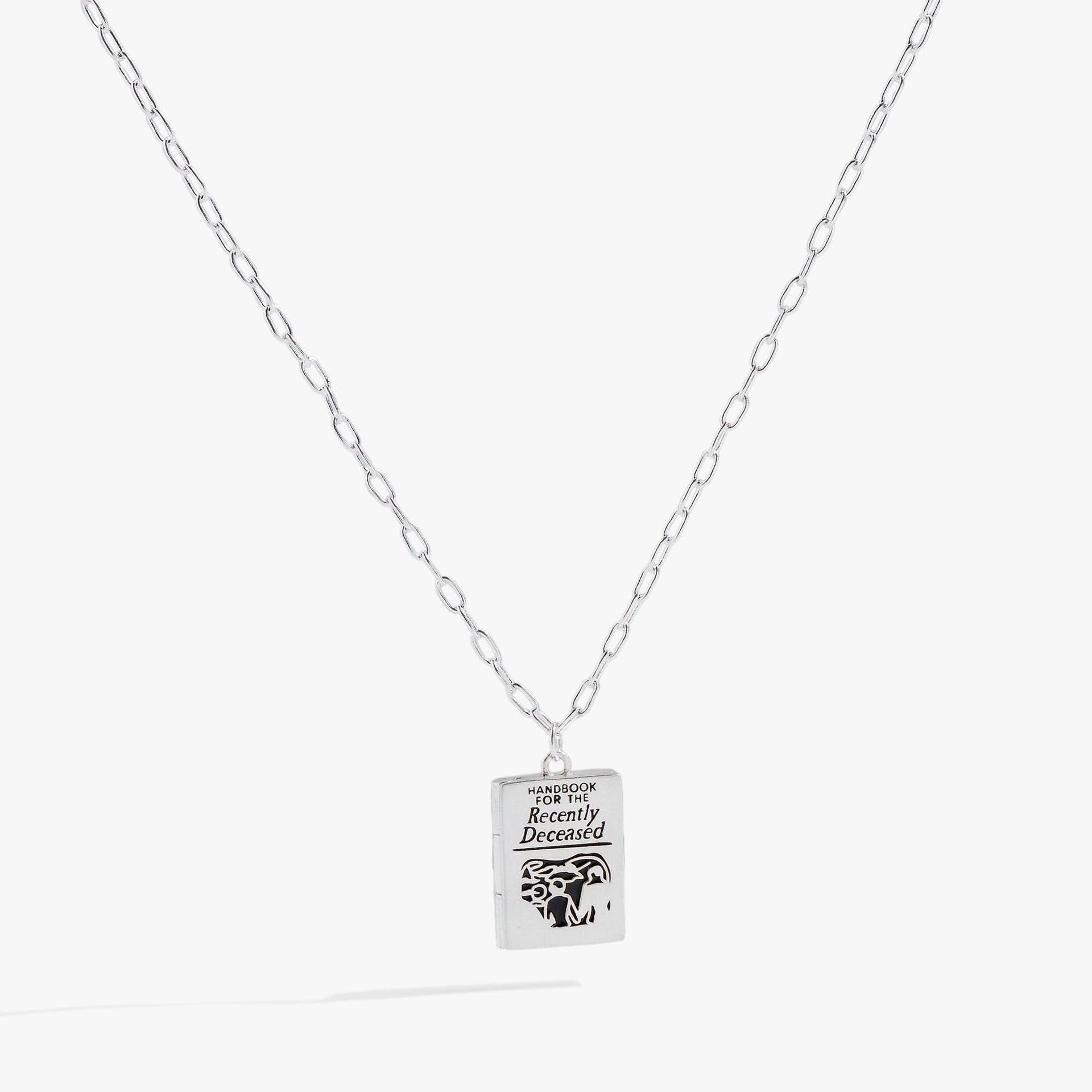Silver BEETLEJUICE Handbook for the Recently Deceased book pendant necklace.