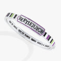 Beetlejuice hinge cuff bangle featuring purple, green, black, and white stripes with Beetlejuice logo.