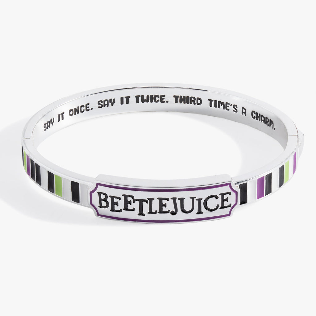 Beetlejuice Hinge Cuff Bangle Bracelet with Logo and Quote Detail