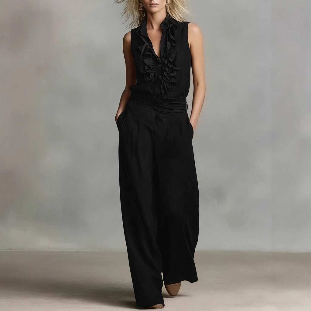 Women’s Ruffled Linen Blend Two-Piece Set Sleeveless Wide-Leg - Image 6