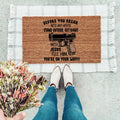 Humorous 'Before You Break Into My House' rustic doormat in brown and black
