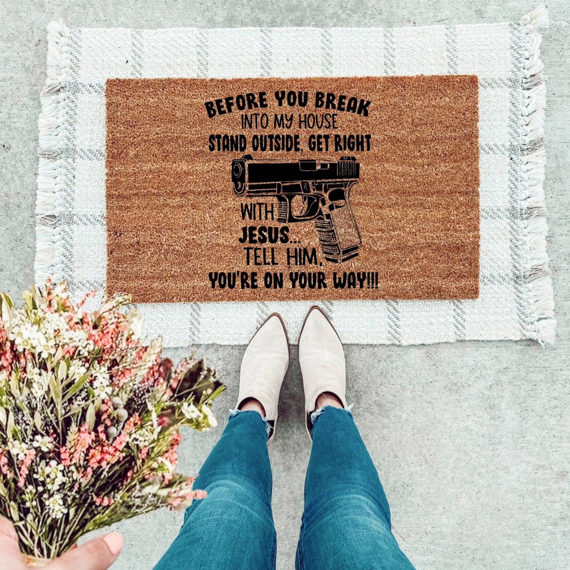 Humorous 'Before You Break Into My House' rustic doormat in brown and black