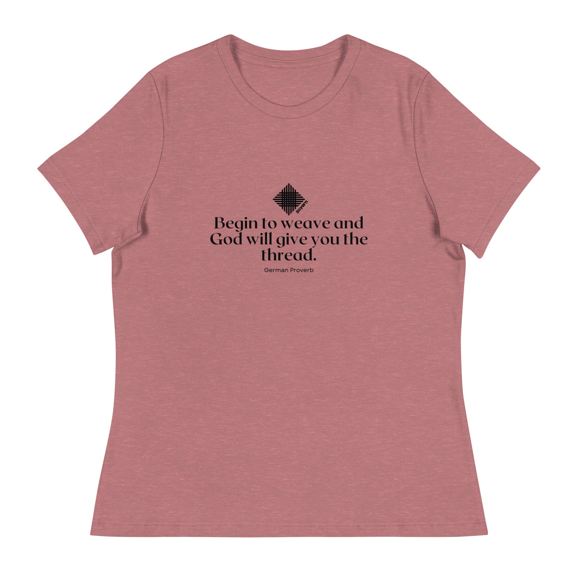 A woman wearing a relaxed fit, soft cotton crew neck T-shirt with the text Begin to weave and God will give you the thread.