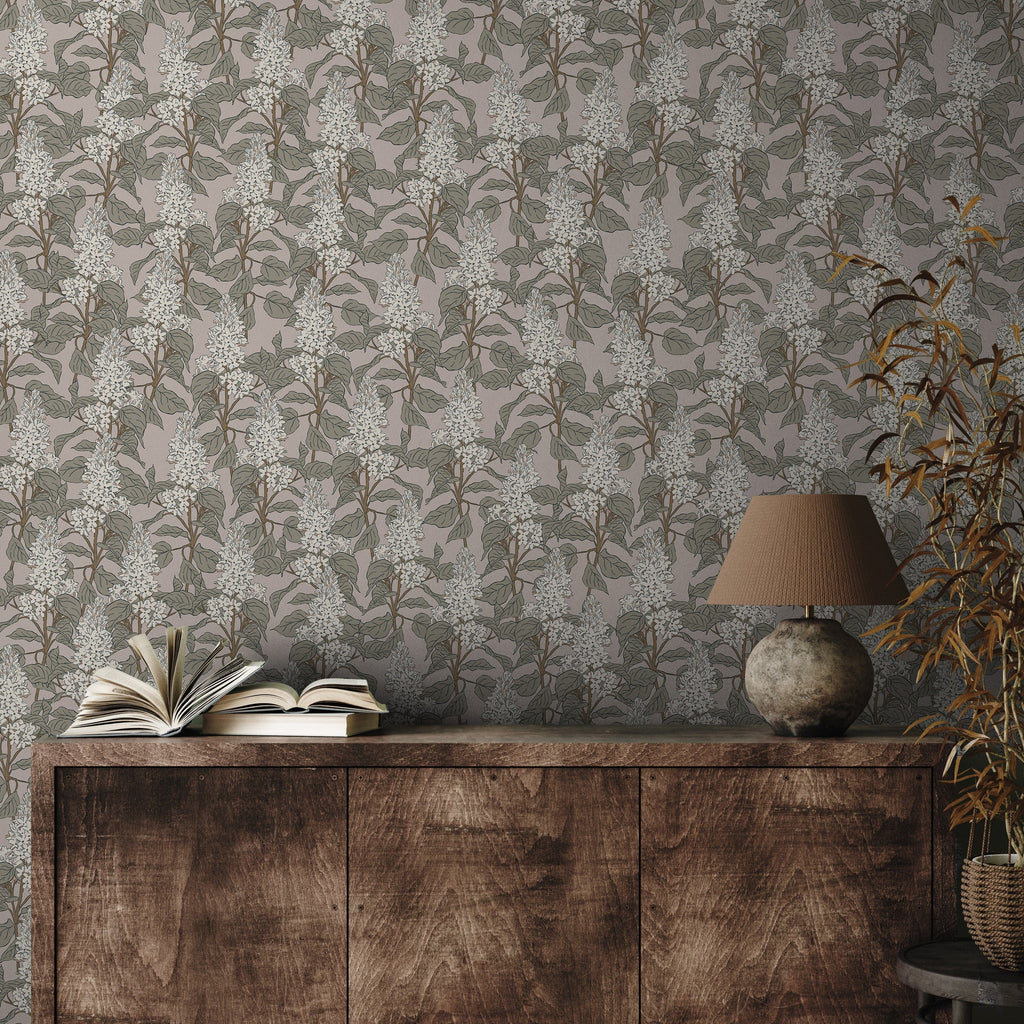 Lilac floral patterned peel and stick removable wallpaper on a bedroom wall