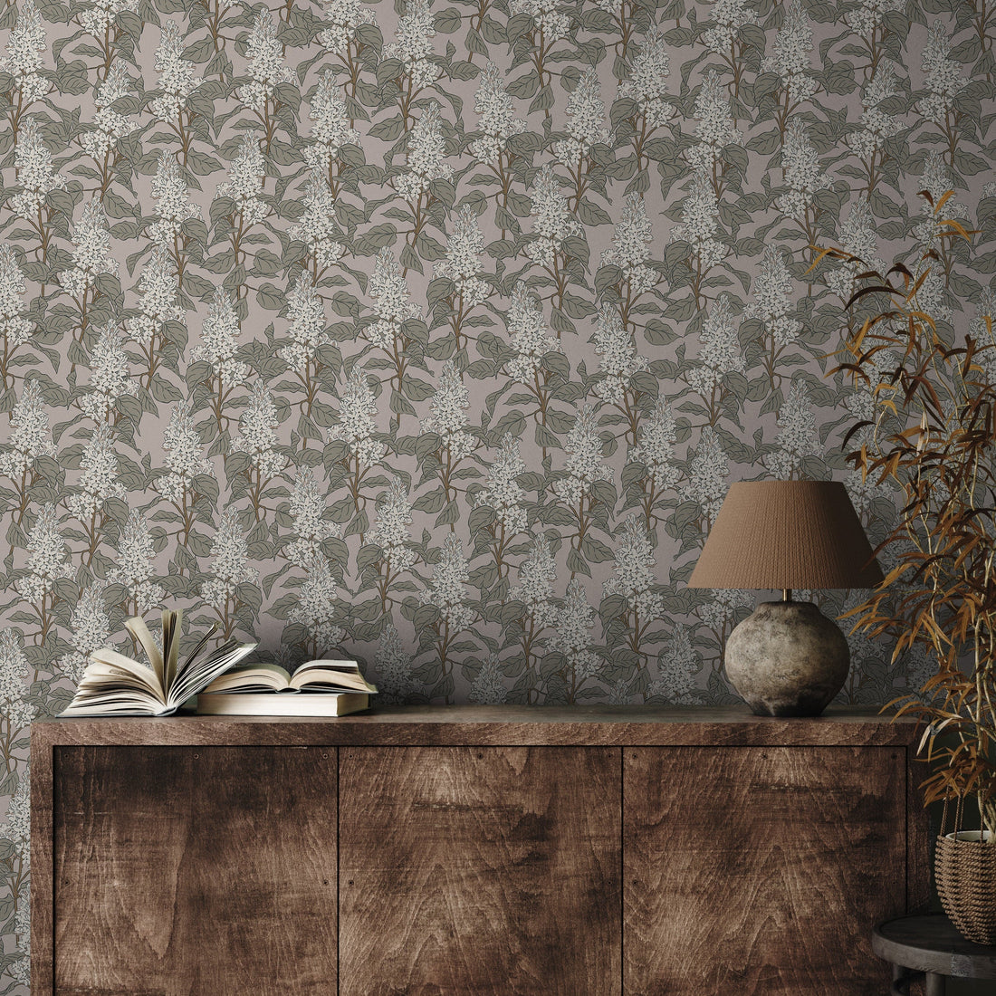 Lilac floral patterned peel and stick removable wallpaper on a bedroom wall