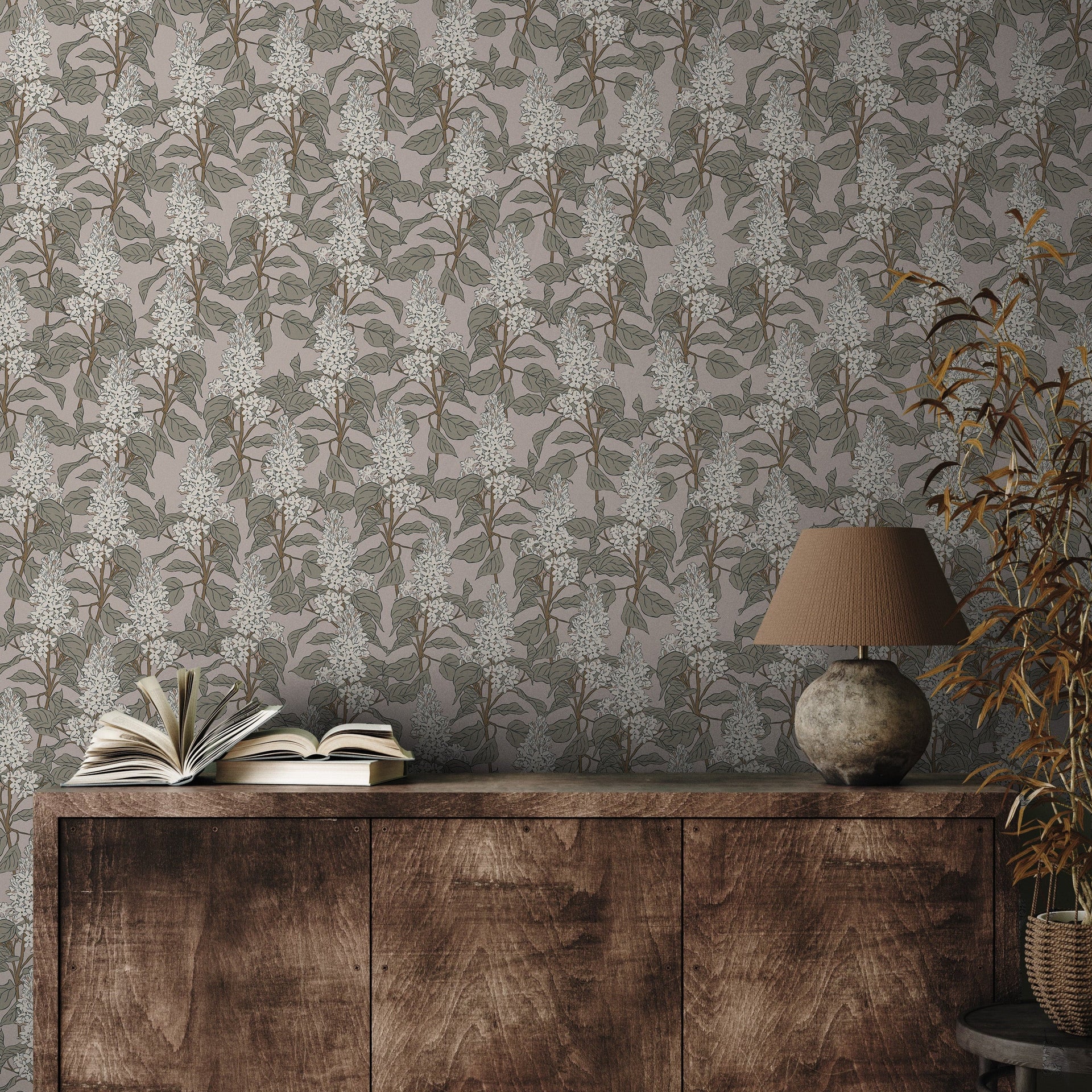 Lilac floral patterned peel and stick removable wallpaper on a bedroom wall
