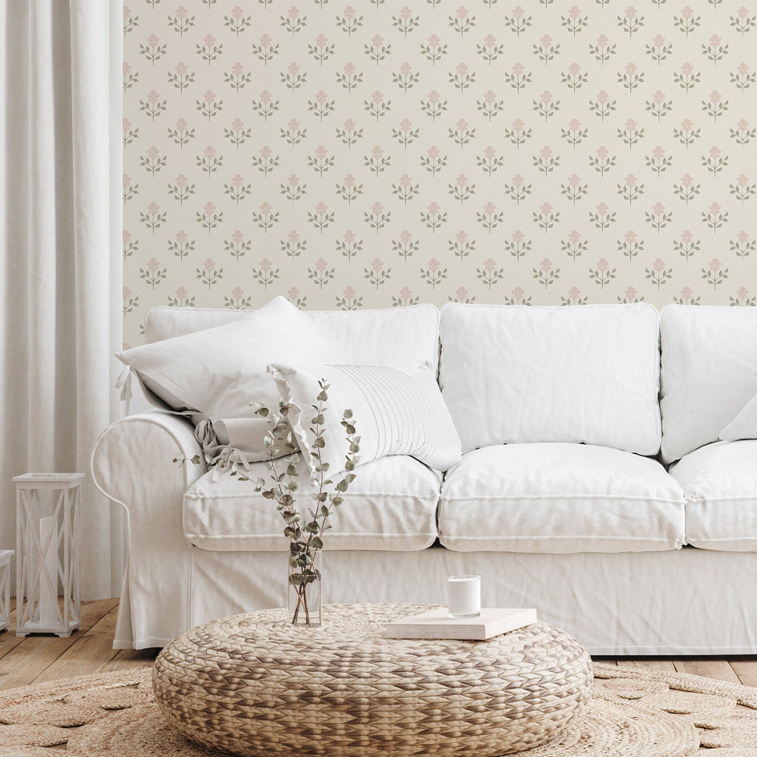 Shiloh floral wallpaper in sage-green and dusty-rose with a cottagecore aesthetic