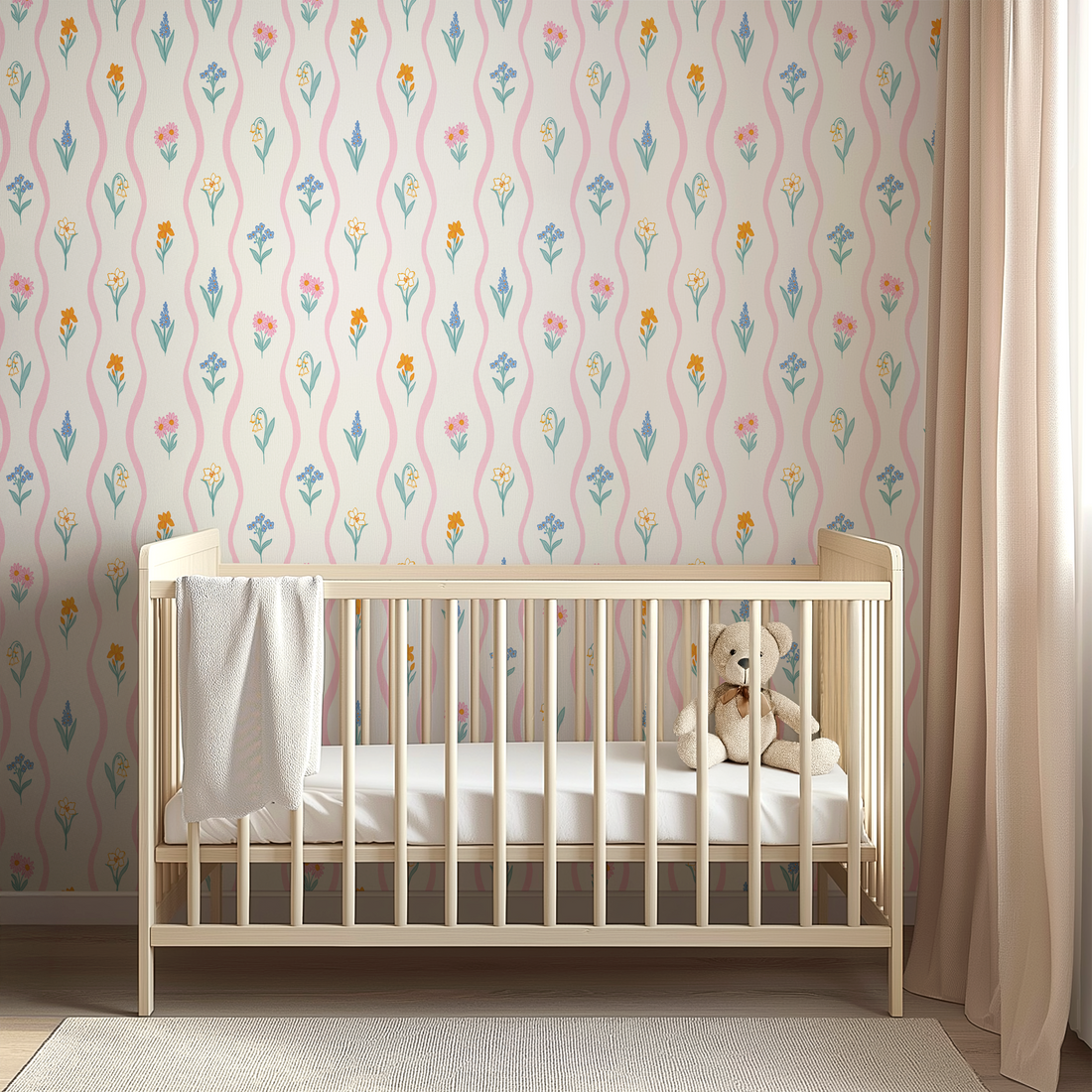 Bellamy floral wallpaper featuring soft cream, pink, yellow, and blue colors