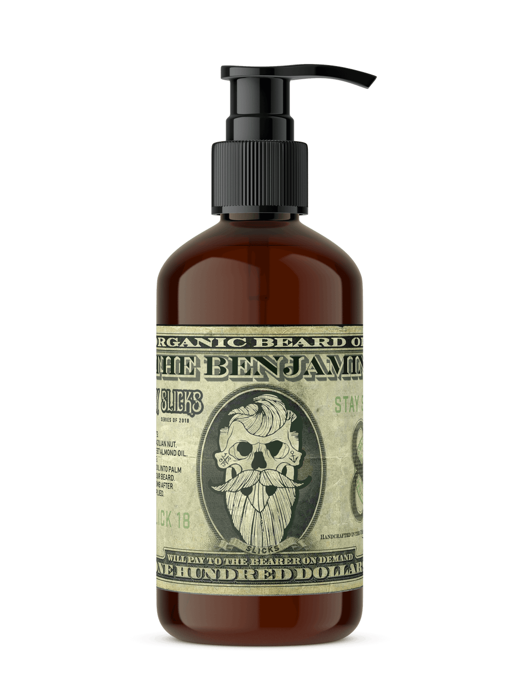 An 8oz bottle of The Benjamin organic beard oil by Johnny Slicks with a pump dispenser against a white background.