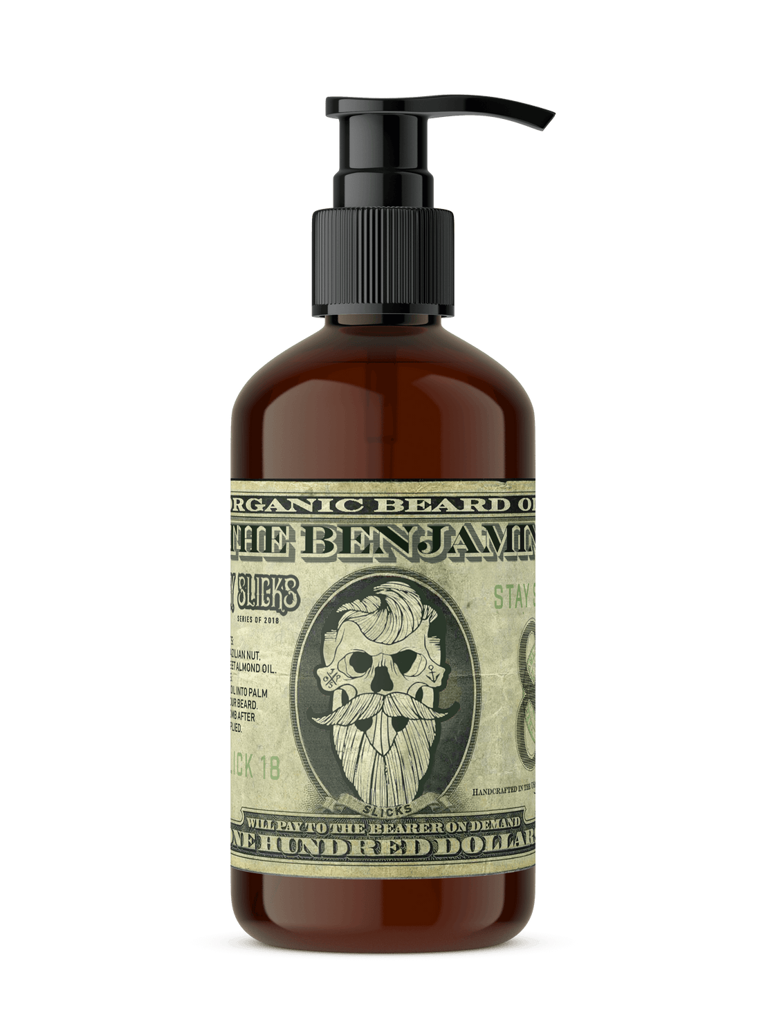 An 8oz bottle of The Benjamin organic beard oil by Johnny Slicks with a pump dispenser against a white background.