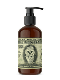 An 8oz bottle of The Benjamin organic beard oil by Johnny Slicks with a pump dispenser against a white background.