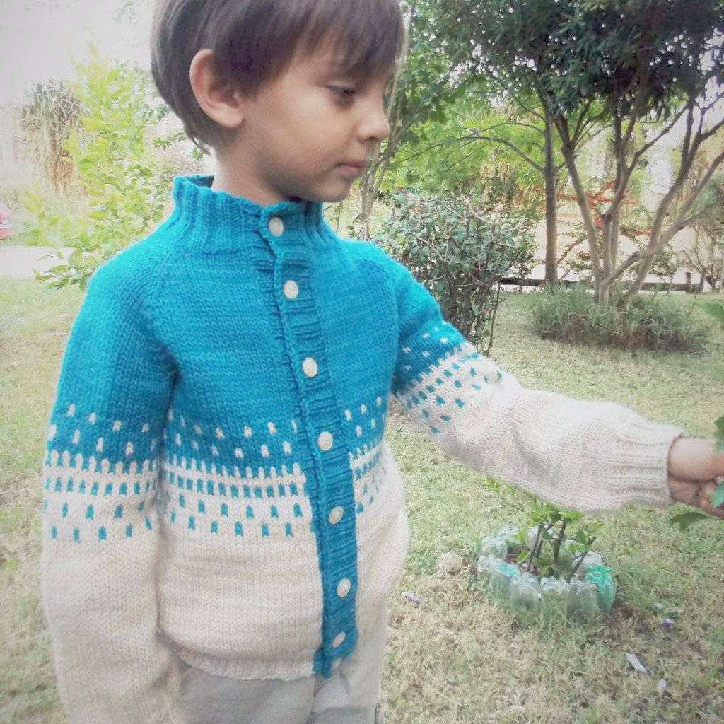 Finished Benja's Jacket children's sweater knitted in merino wool