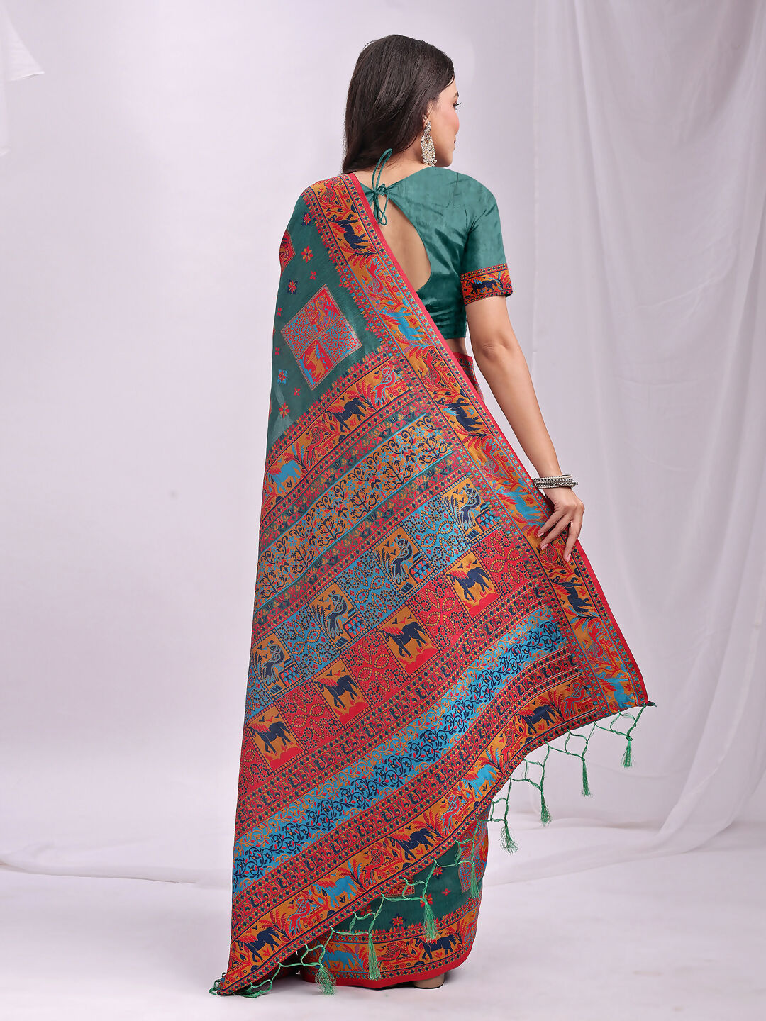 Rama Green Linen Cotton Saree with Matching Blouse Piece