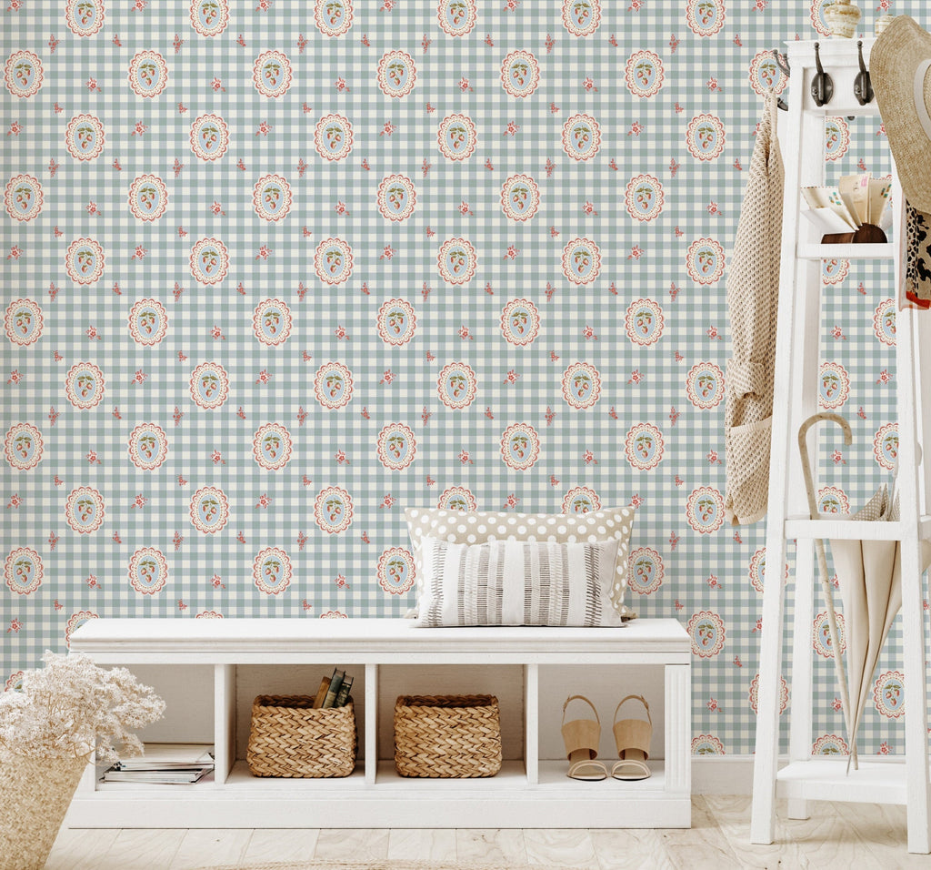 Bessie Floral Wallpaper in Sage-Green, White, Pale-Blue, Red