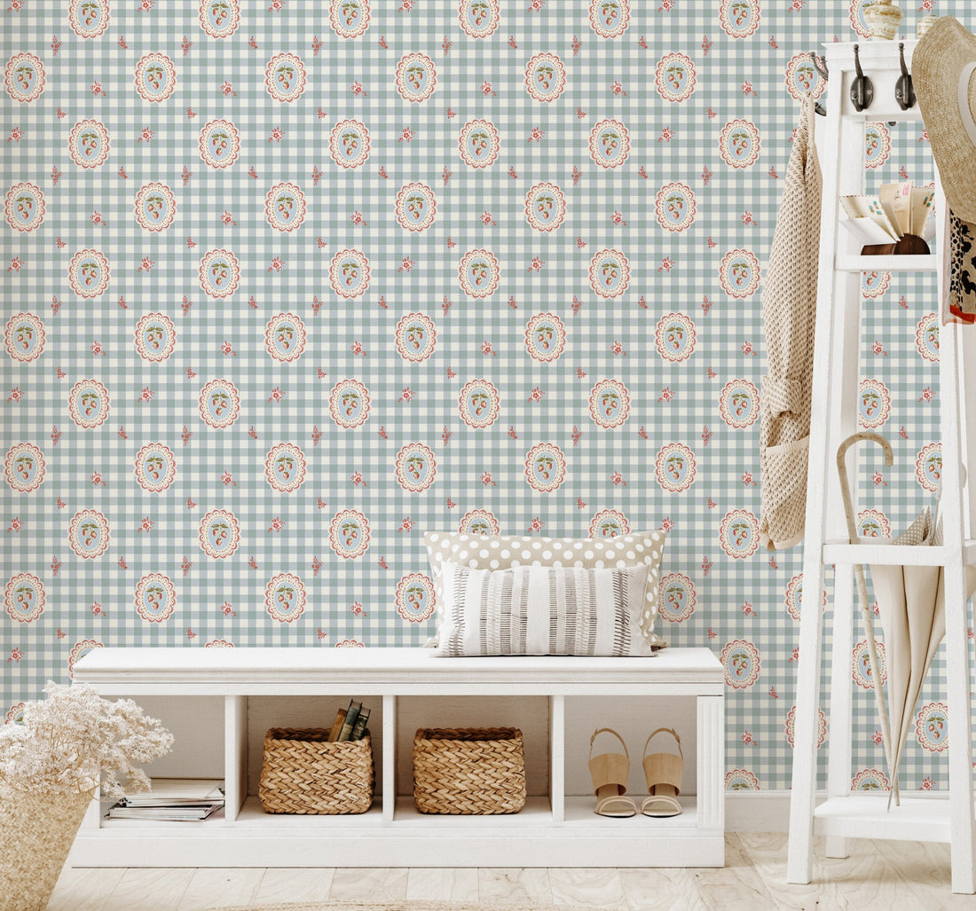 Bessie Floral Wallpaper in Sage-Green, White, Pale-Blue, Red