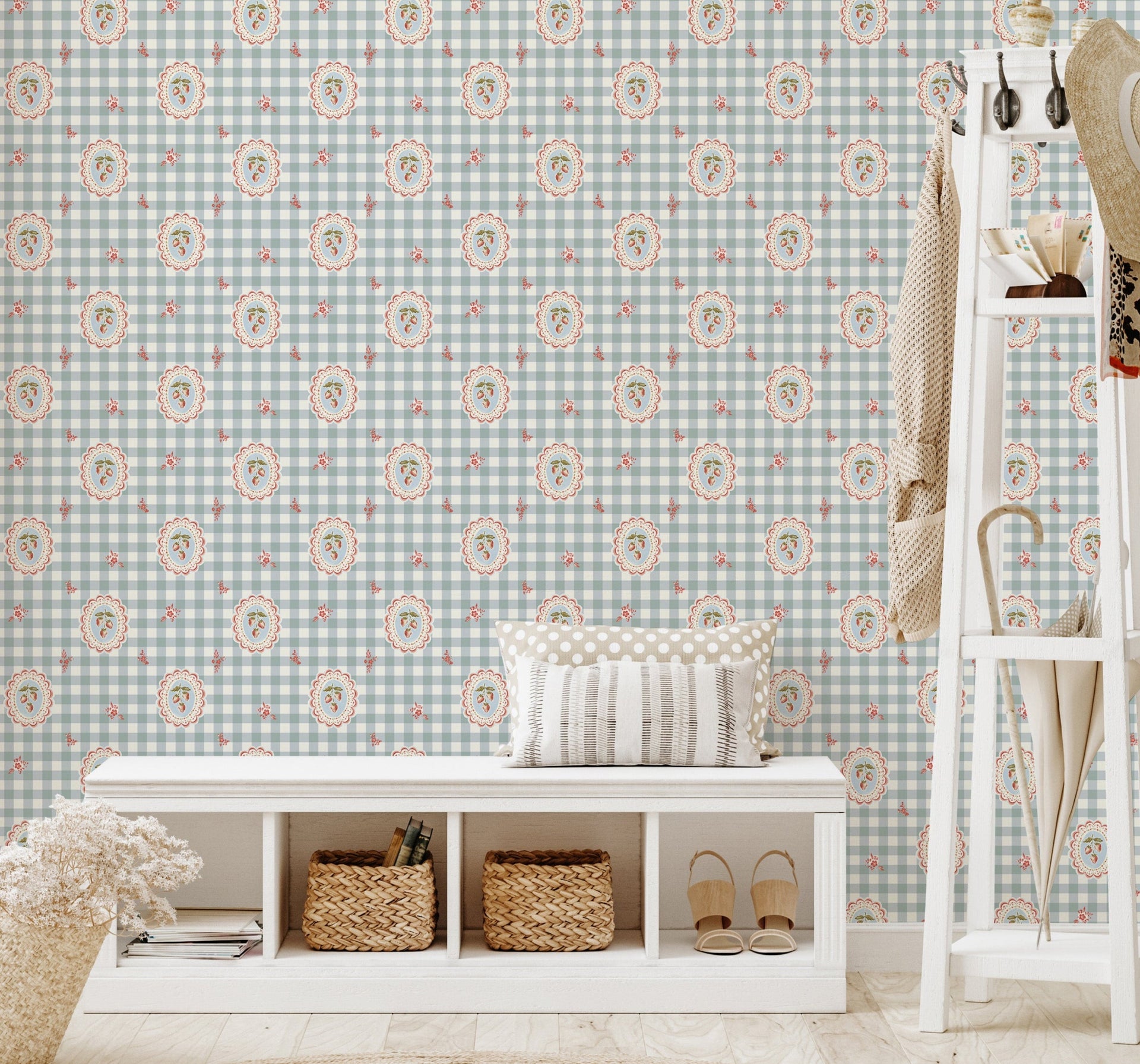 Bessie Floral Wallpaper in Sage-Green, White, Pale-Blue, Red