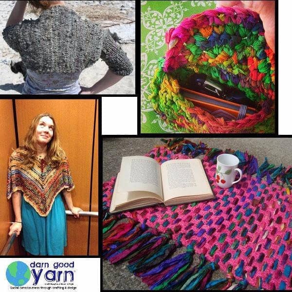 Collection of bohemian knit and crochet patterns featuring vibrant multicolored sari silk and pink accents.