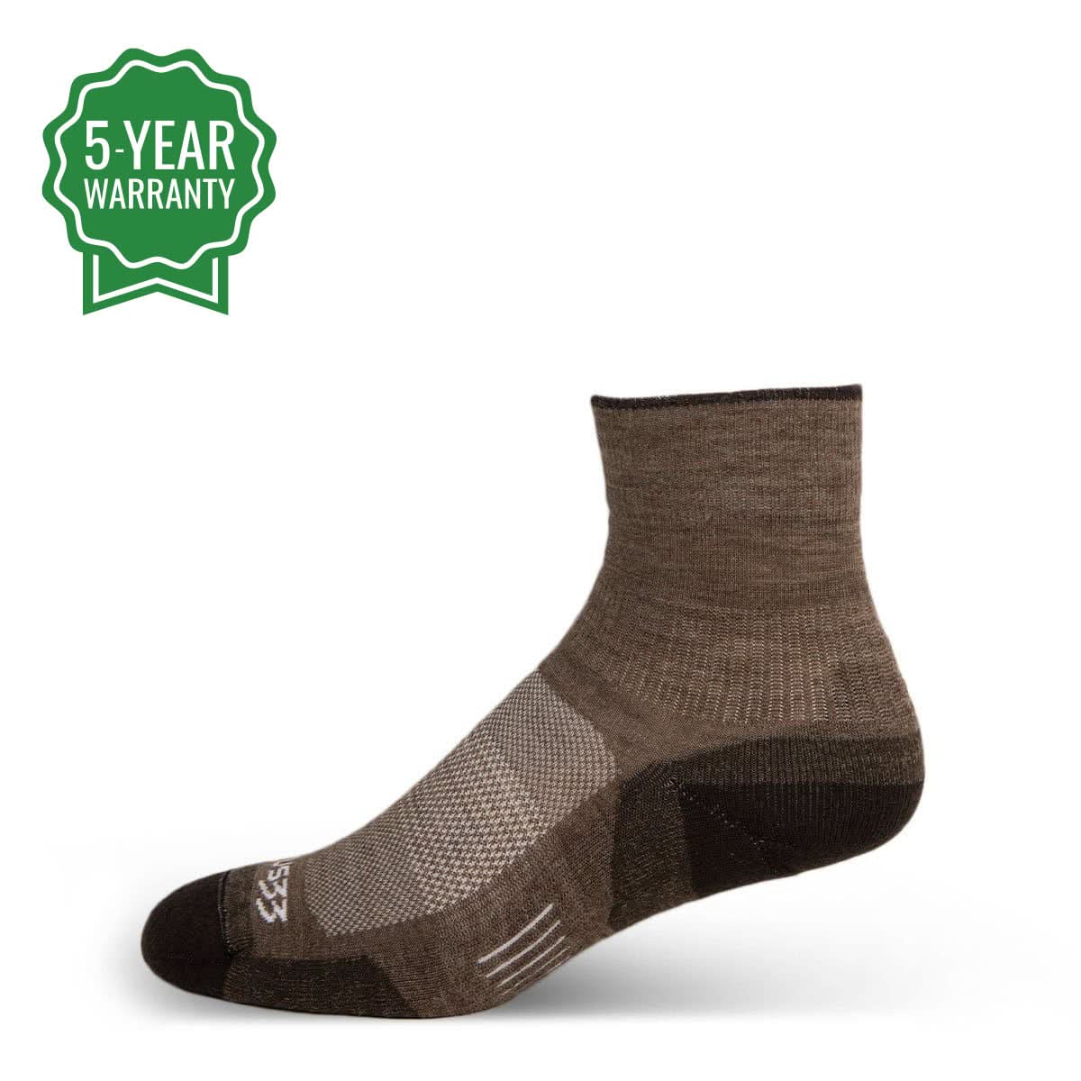 Technical mini crew merino wool socks with full cushion in brown, tan, and purple.