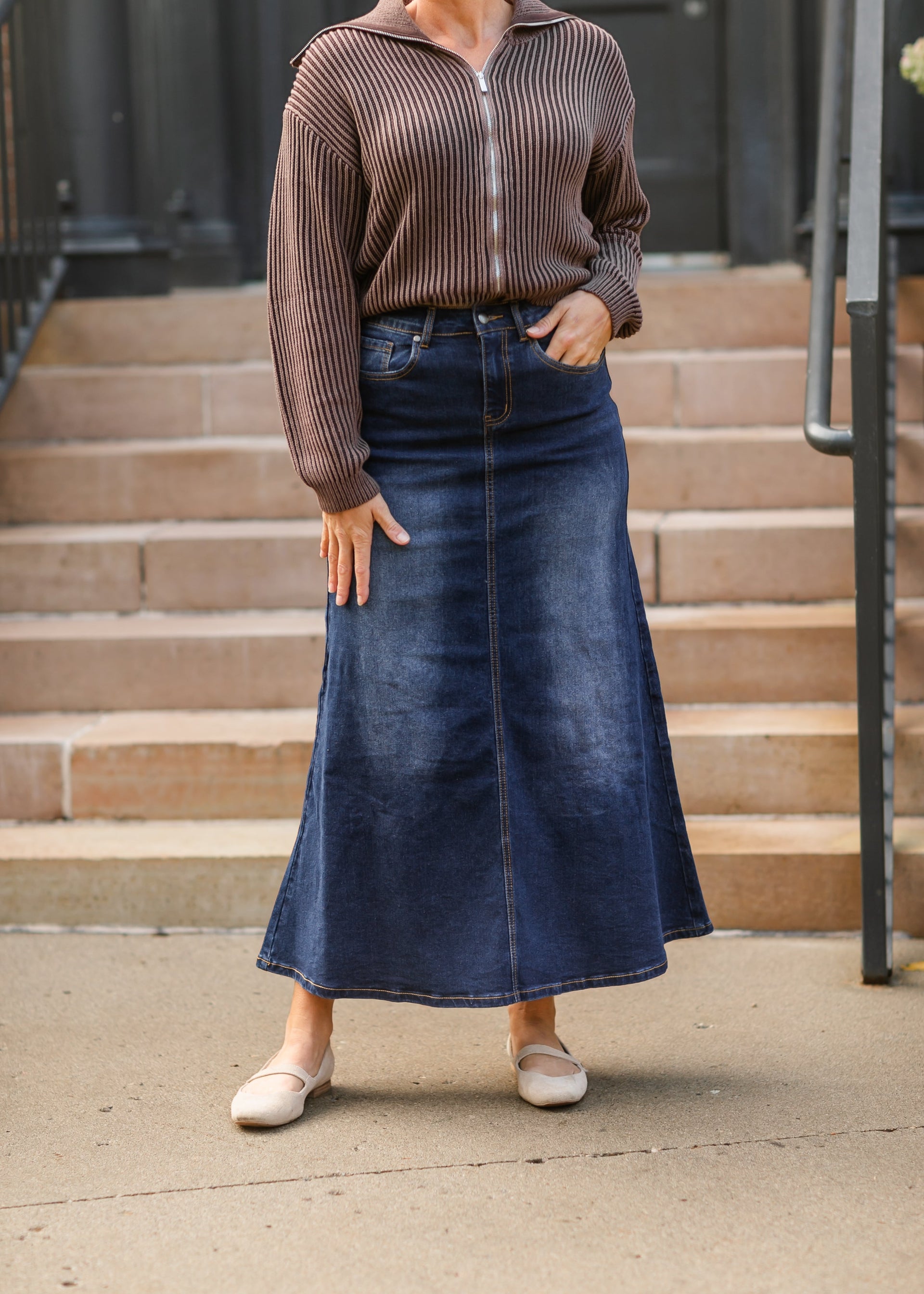 Bethany Dark Wash A-line Long Denim Skirt