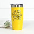 Color chart for 20 oz stainless steel tumblers showing 16 available shades including white, gray, black, red, orange, coral, yellow, green, and blue hues.