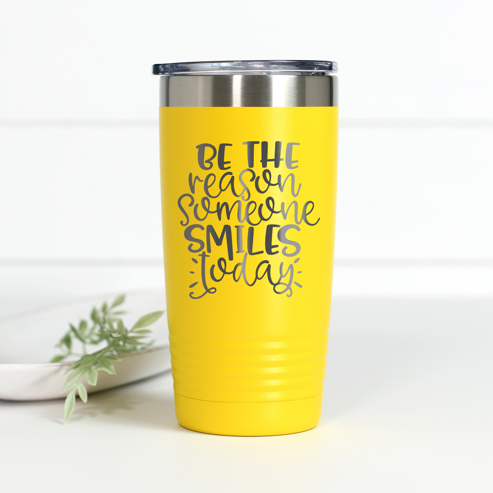 Color chart for 20 oz stainless steel tumblers showing 16 available shades including white, gray, black, red, orange, coral, yellow, green, and blue hues.