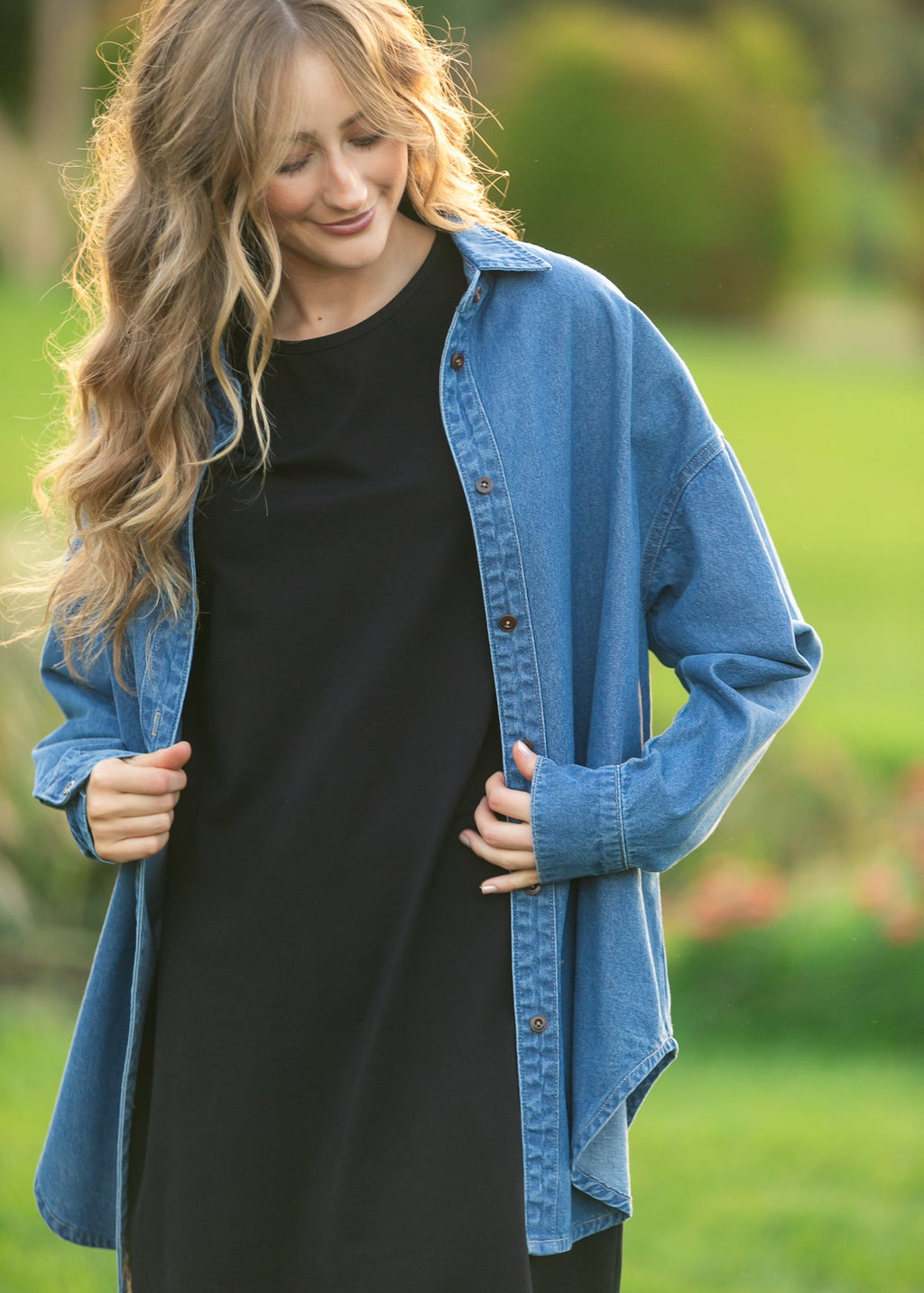 Betty Denim Button Up Top | Oversized Dark Wash Shirt