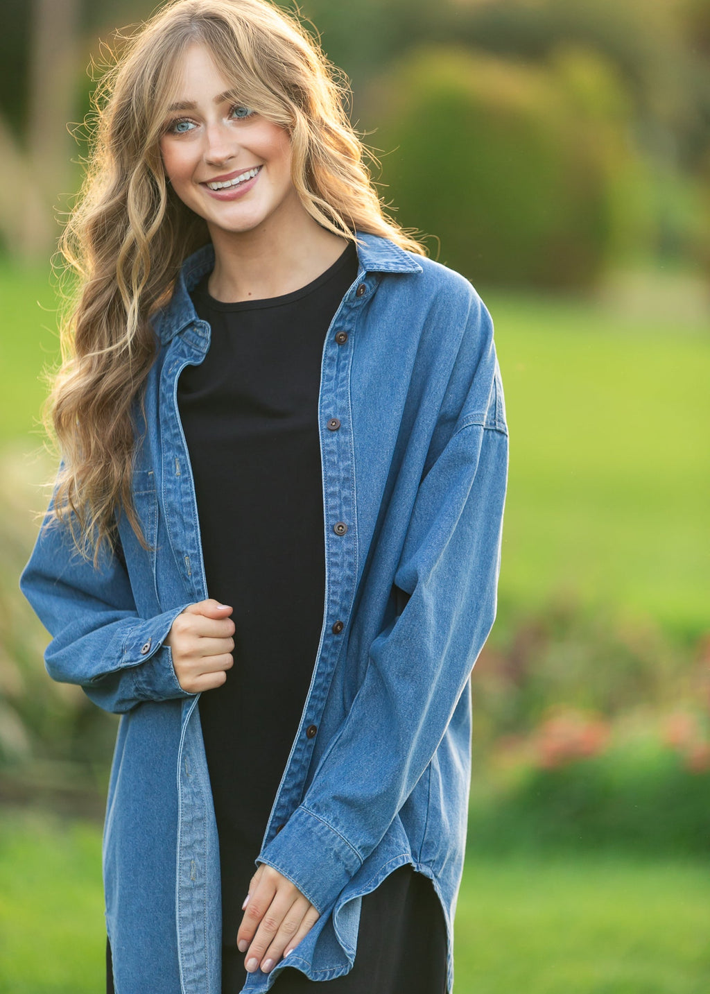 Betty Denim Button Up Top | Oversized Dark Wash Shirt