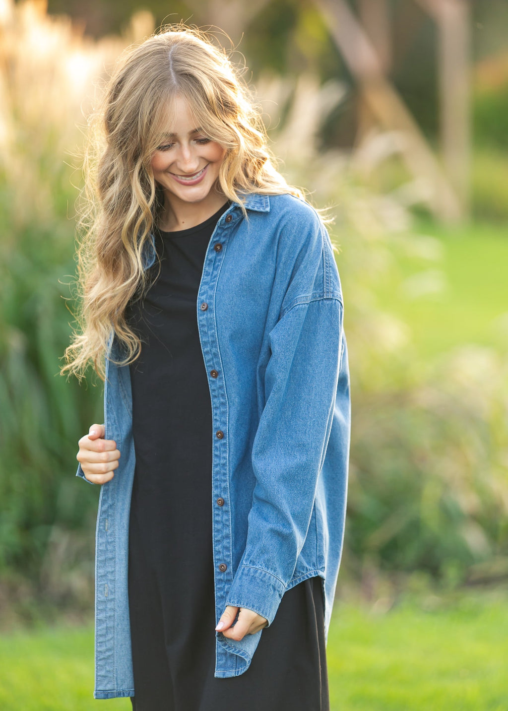 Betty Denim Button Up Top | Oversized Dark Wash Shirt