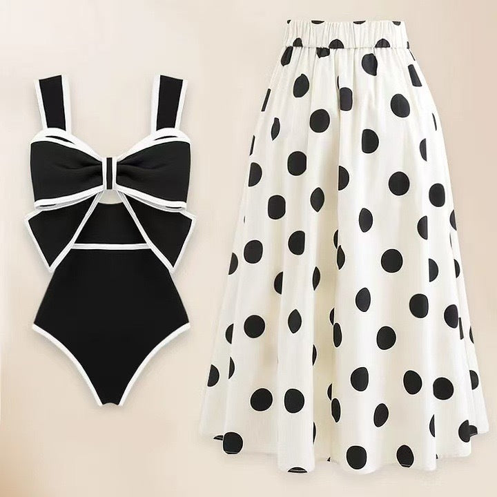 Women's Retro Polka Dot Sleeveless A-Line Midi Swimwear Skirt Suit