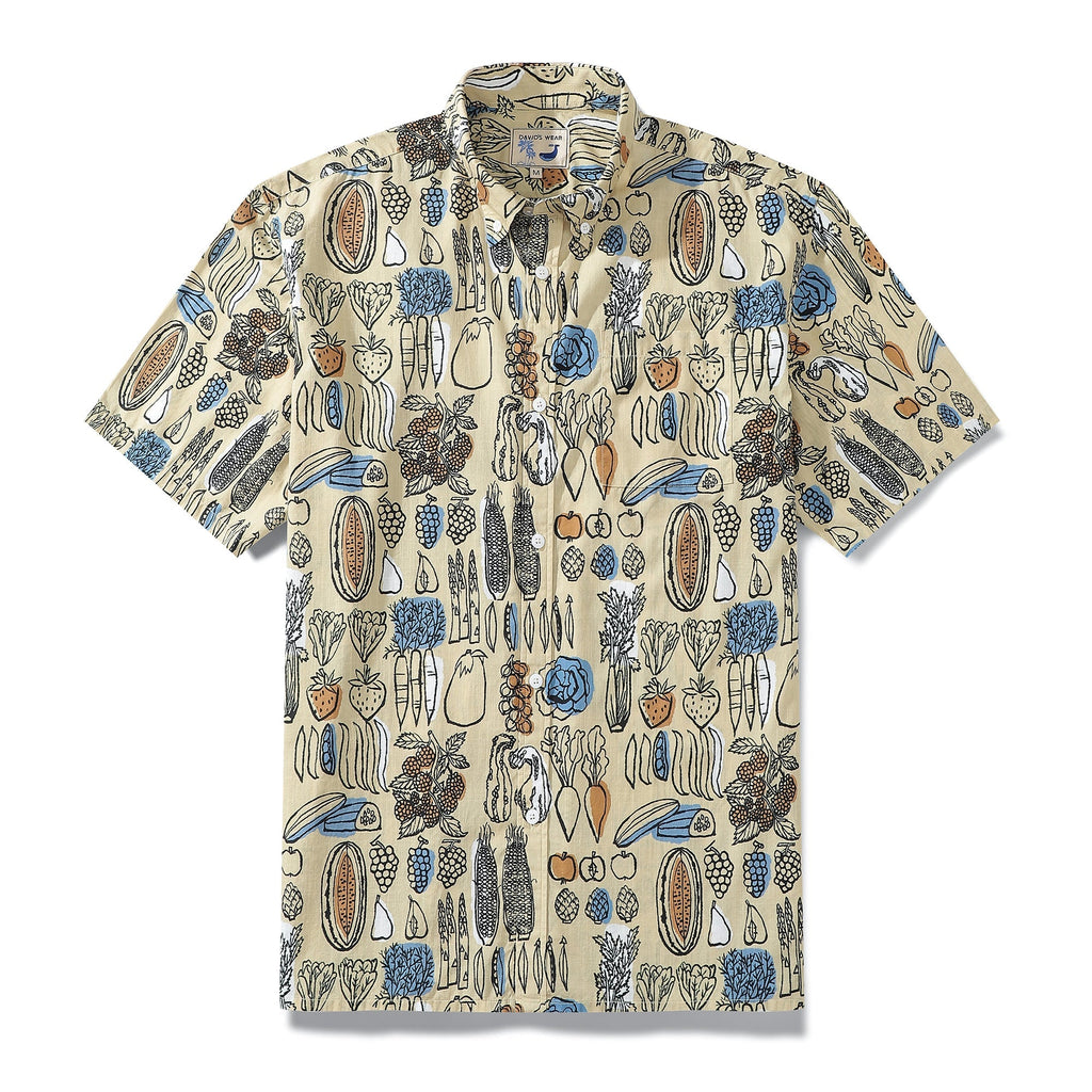 Vintage 1980s Hawaiian shirt for men with colorful fruit and vegetable pattern print