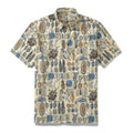 Vintage 1980s Hawaiian shirt for men with colorful fruit and vegetable pattern print