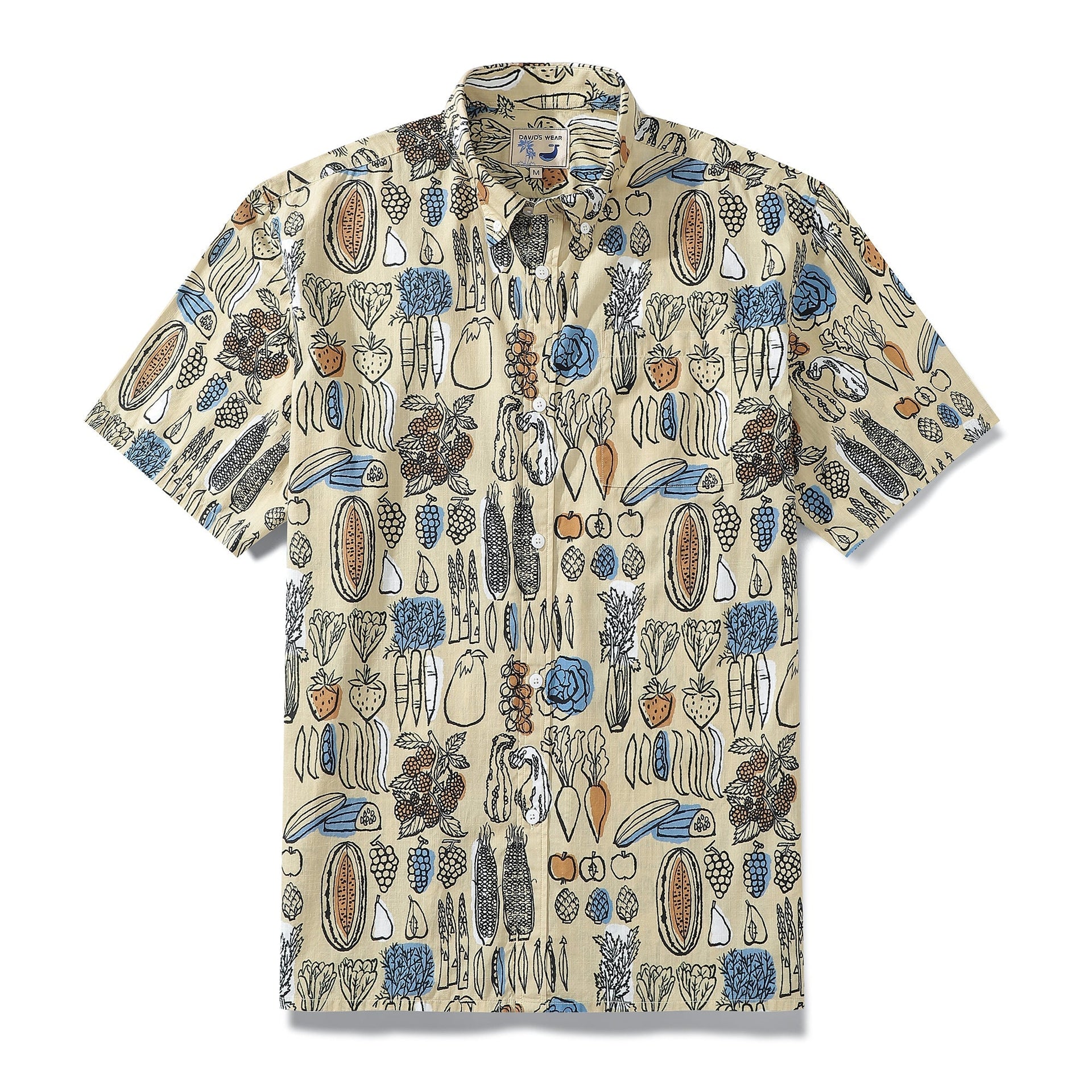 Vintage 1980s Hawaiian shirt for men with colorful fruit and vegetable pattern print