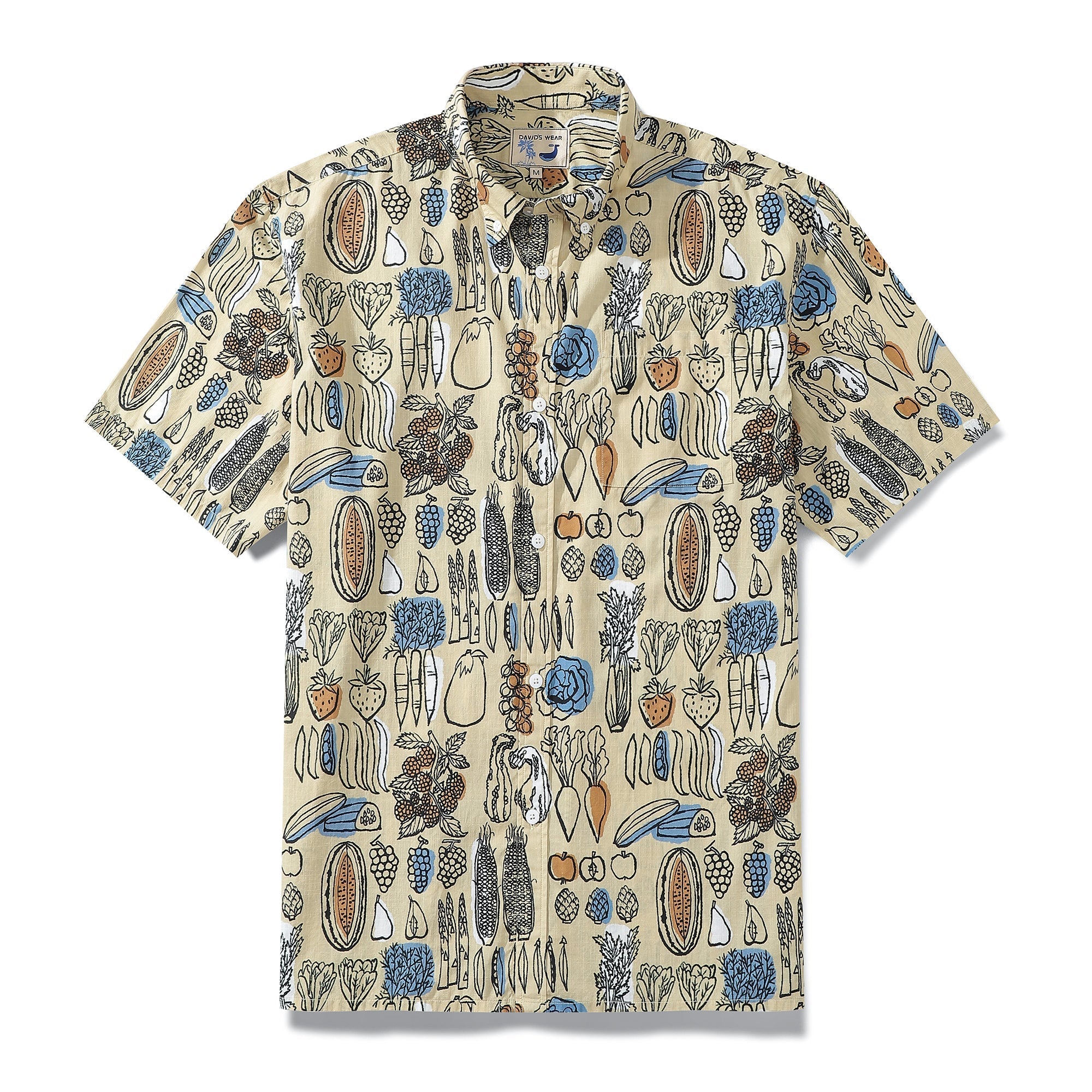 Vintage 1980s Hawaiian shirt for men with colorful fruit and vegetable pattern print
