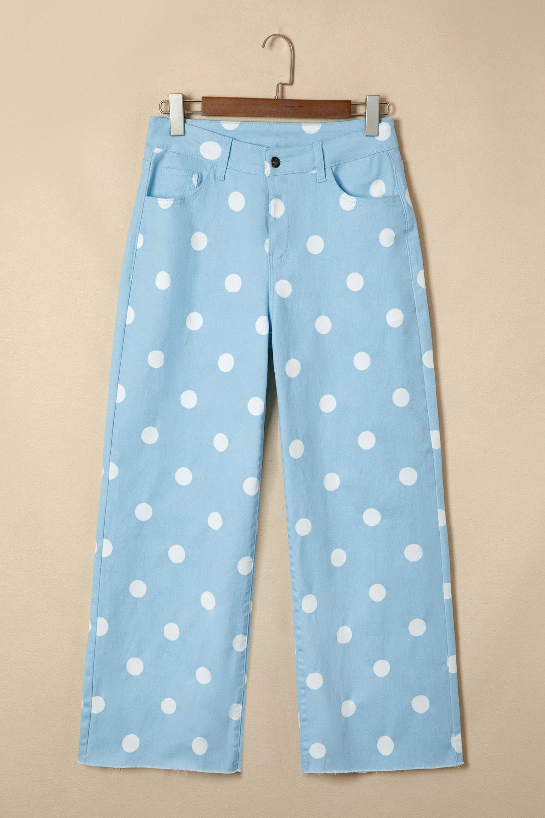 Talia High Waisted Raw Hem Shift Jeans in Light Blue and White