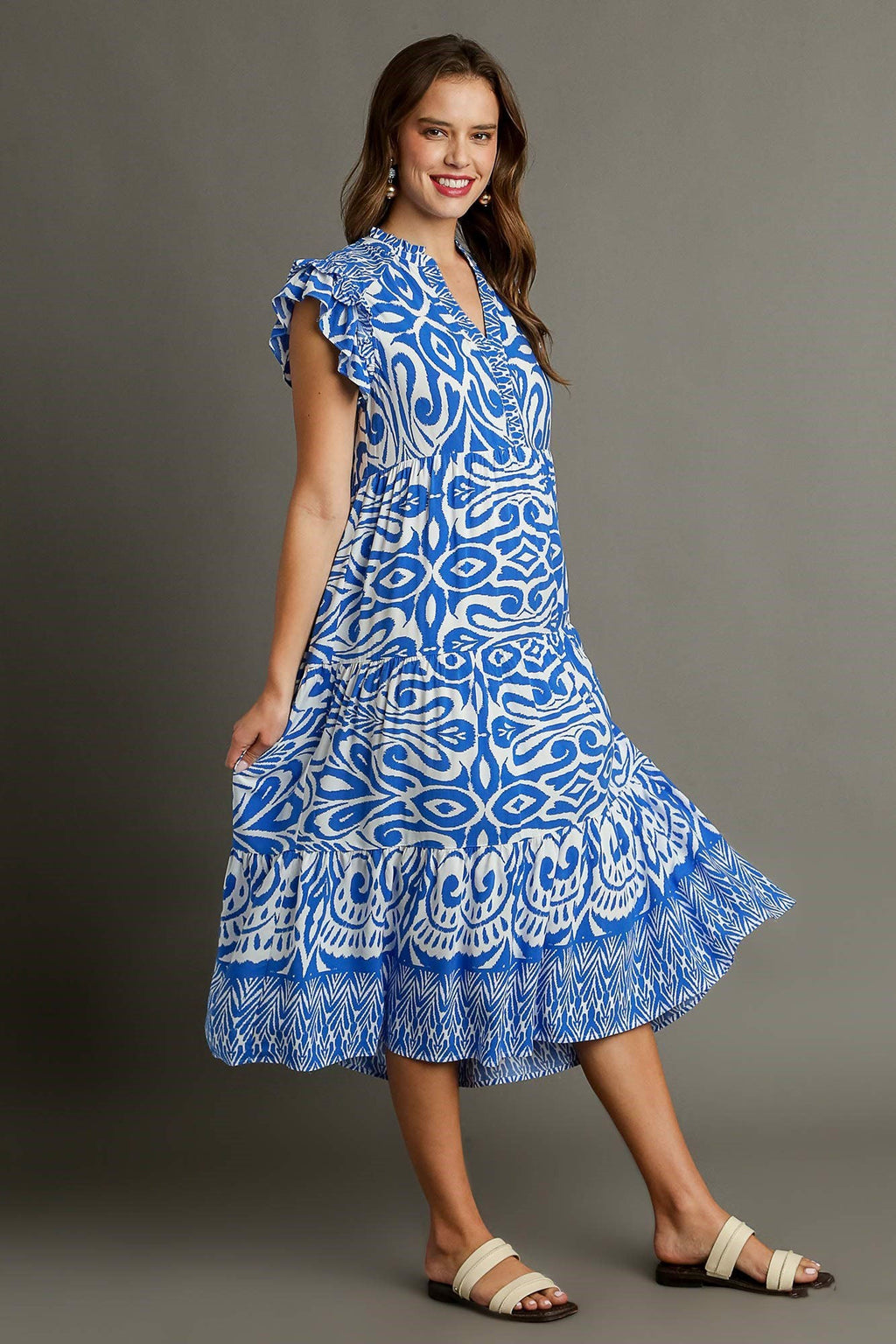 Blue Two-Tone Abstract Print Ruffle Cap Sleeve Midi Dress