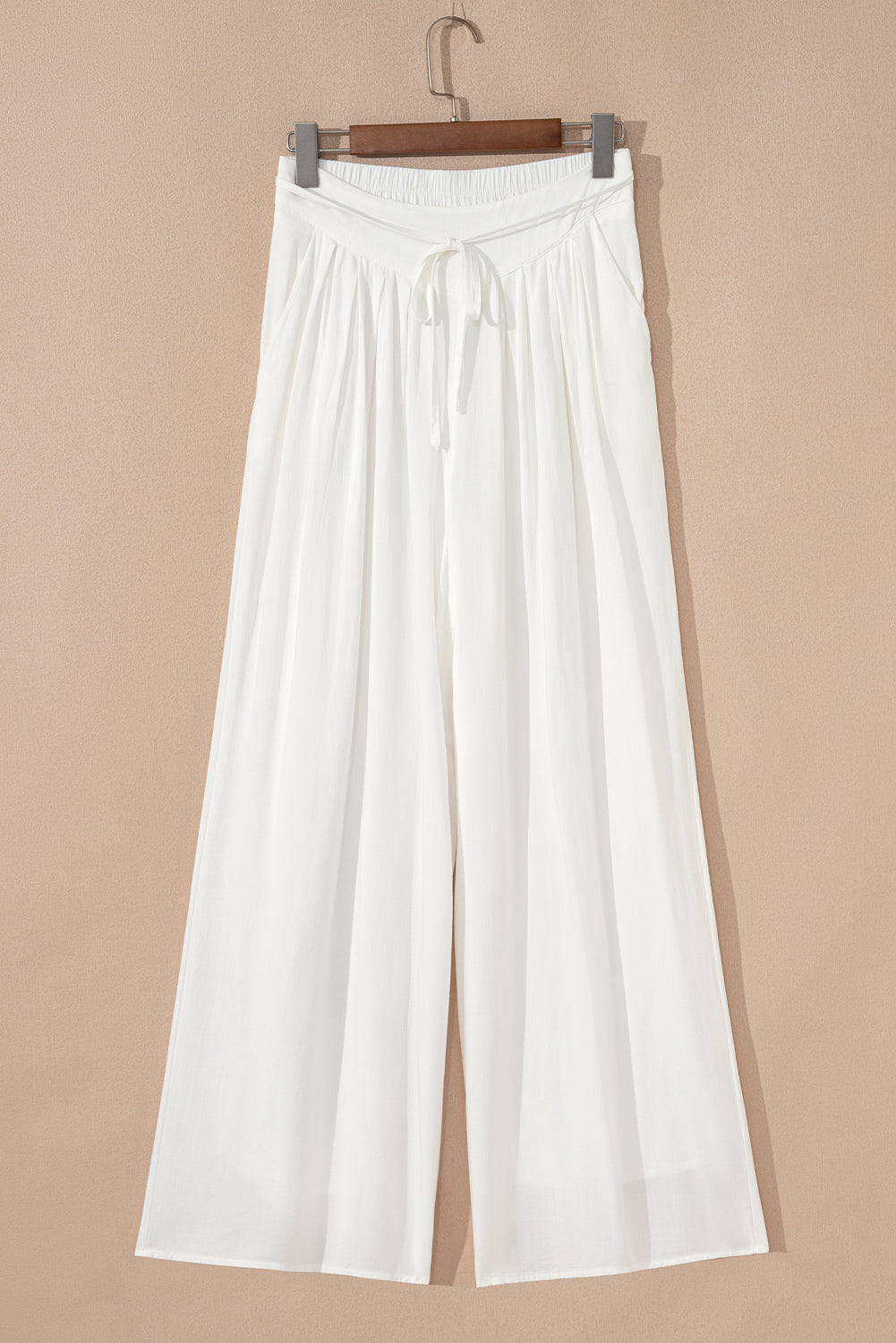 White Pleated Wide Leg Drawstring Pants Casual Flowy Trousers - Image 4