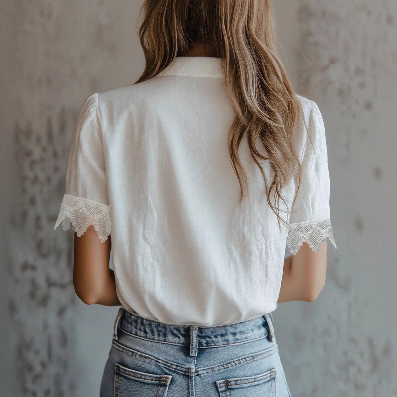 Women's White Lace Trim Puff Sleeve Button Down Blouse - Image 4