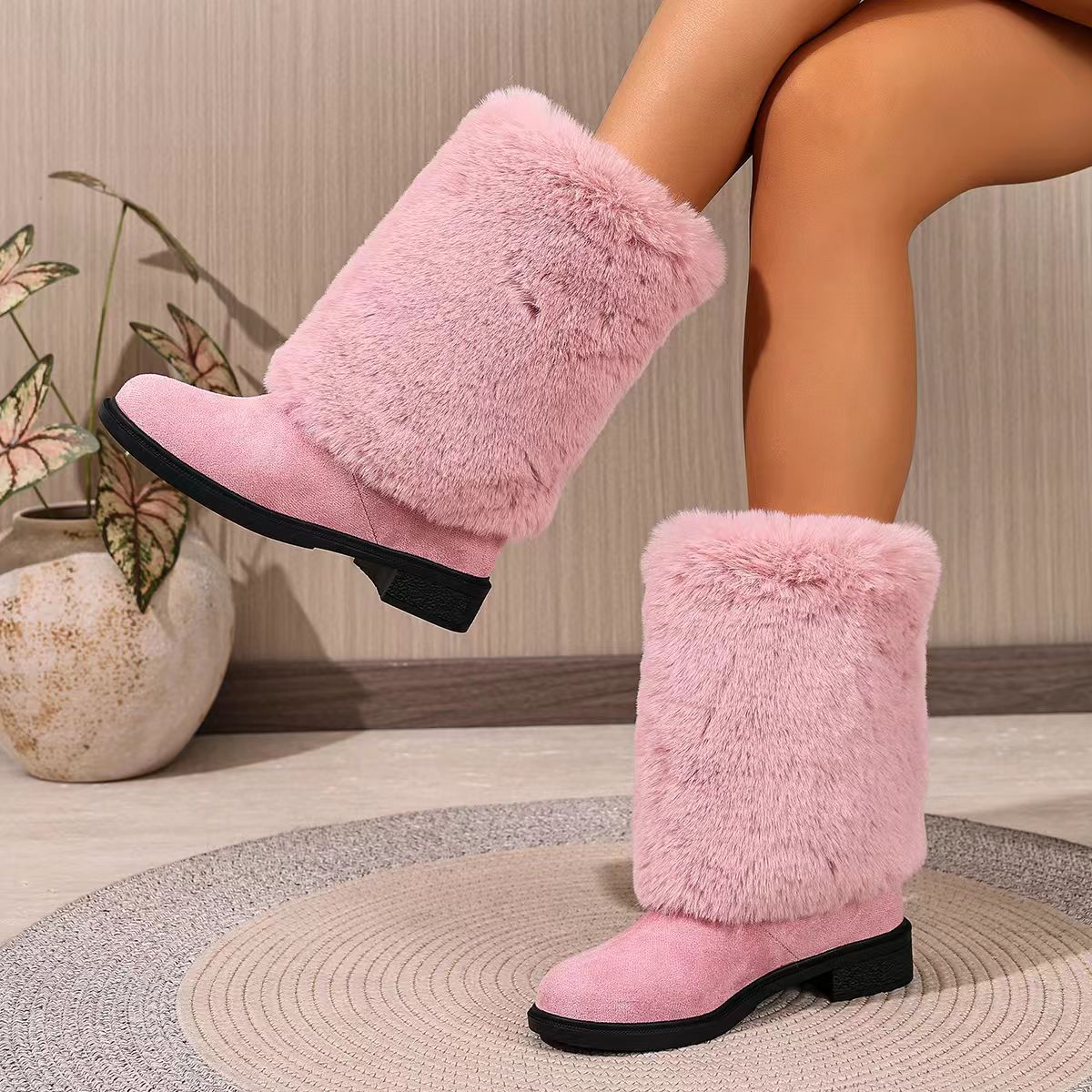 Women's Faux Fur Trim Winter Snow Boots with Comfortable Block Heel - Image 2
