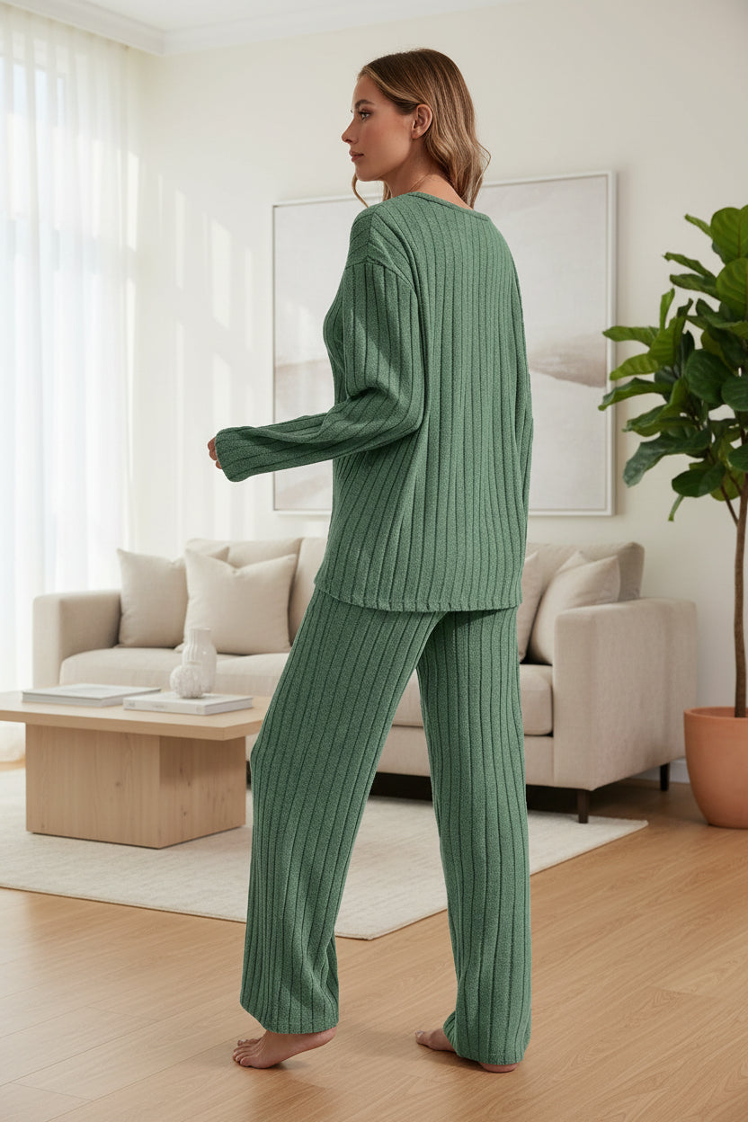 Women's Ribbed Long Sleeve Top and Pants Loungewear Set - Image 2