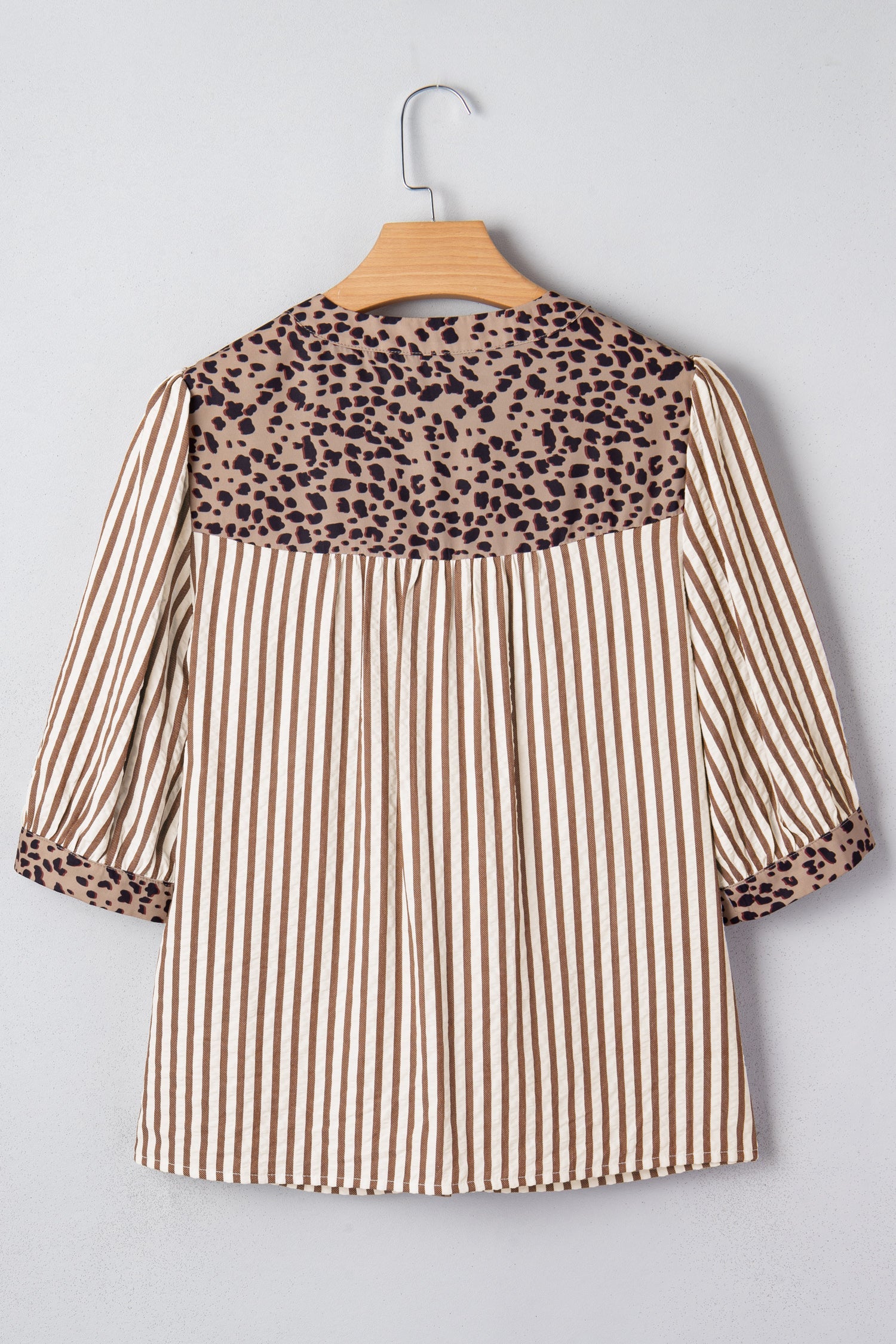 Stripe Leopard Trim V-Neck Buttoned Short Sleeve Shirt