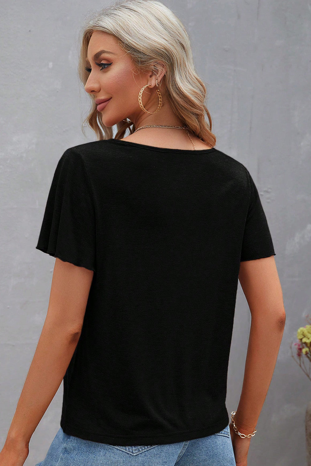 Black Crisscross V-Neck Butterfly Sleeve T-Shirt