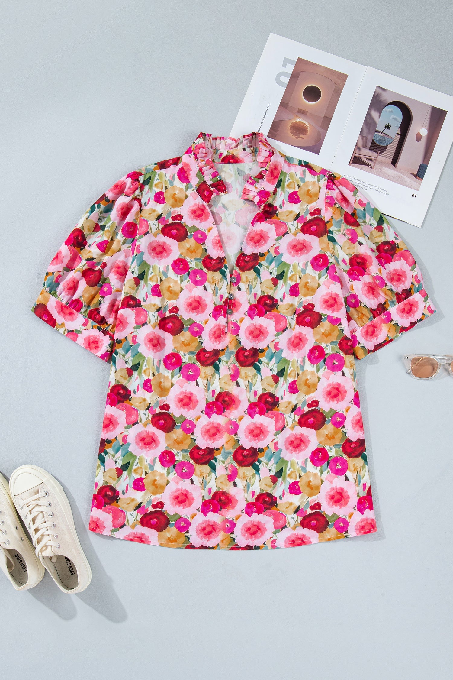 Oaklynn Puff Short Sleeve Floral V-Neck Top in Pink Red Yellow