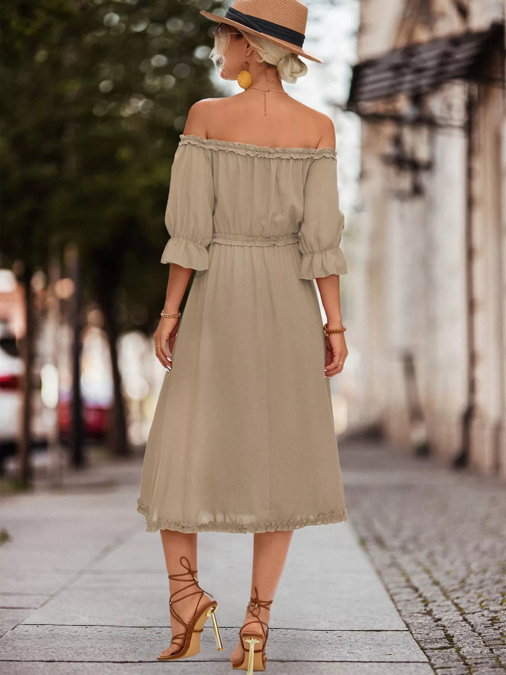 Off-Shoulder Flounce Sleeve Midi Dress