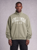 Front view of the sage green Club Collegiate Oversized Full-Zip Sweatshirt with stand collar and white graphic