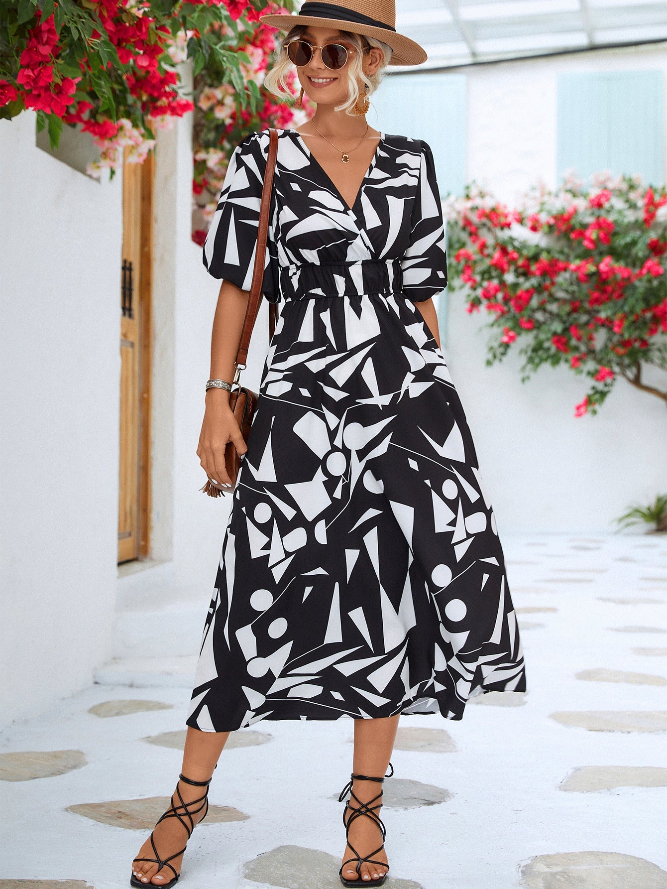 Black & White Printed Balloon Sleeve Mini Dress for Summer