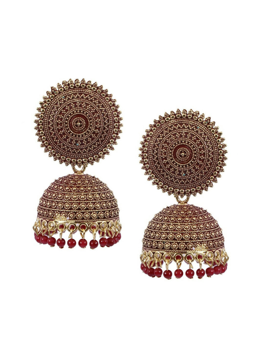 Gold-Polished Meenakari Jhumka Earrings with Pearls (Maroon)