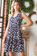 Navy and multi-color leopard print V-neck ruffled tank dress