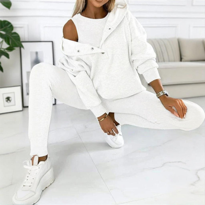 Women Solid Color Three Piece Set Hooded Sweatshirt Vest Pants - Image 4