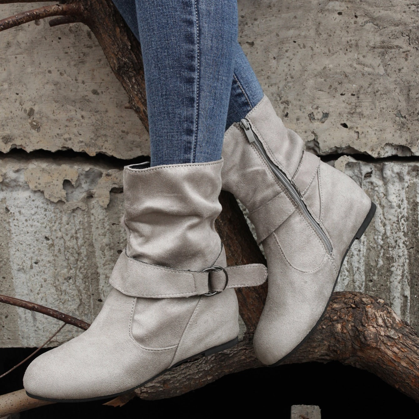 Women's Ankle Boots with Buckle Belt & Side Zip