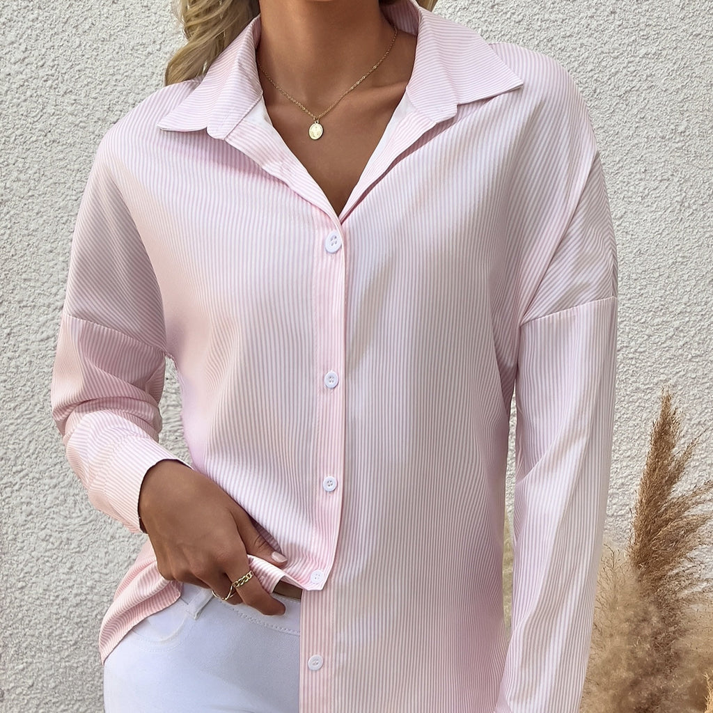 Women's Pink Striped Button Down Shirt Lightweight Long Sleeve - Image 5